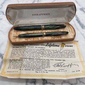 Sheaffer Pen Co. Fountain Pen & Pencil Set 14K Gold Nib Green & Black White Dot
